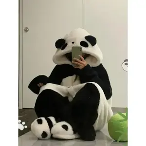 Hooded Panda Pajama Women's Autumn and Winter Coral Velvet, Robe Thickened with Velvet Home Clothes Hit Dress Womenswear Loungewear