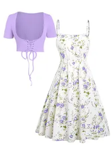 2 Piece Floral Dress Outfit for Women, Short Sleeve Lace Up Crop Cardigan & Spaghetti Strap Flowy Midi Floral Sundress Set, Summer Cottagecore Casual Matching Two Piece Set