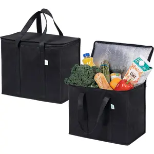 2 Pack Insulated Cooler Bags, Heavy Duty Collapsible Reusable Shopping Bags with Zipper, Leakproof Foldable Stand‑Up Grocery Totes, Perfect for Food Delivery, Camping Trips & Daily Grocery Shopping