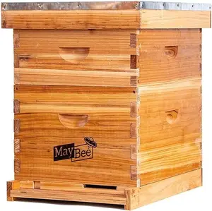 MayBee Hives 8/10 Frame Heavy Wax Coated Cedar Wood Beekeeping Kit, Langstroth Hive Starter for Beginners Pro Beekeepers with Deep Box & Medium Super Bee Boxes Wooden Frame Beewax Foundation Safety Home Supplies - Exterior