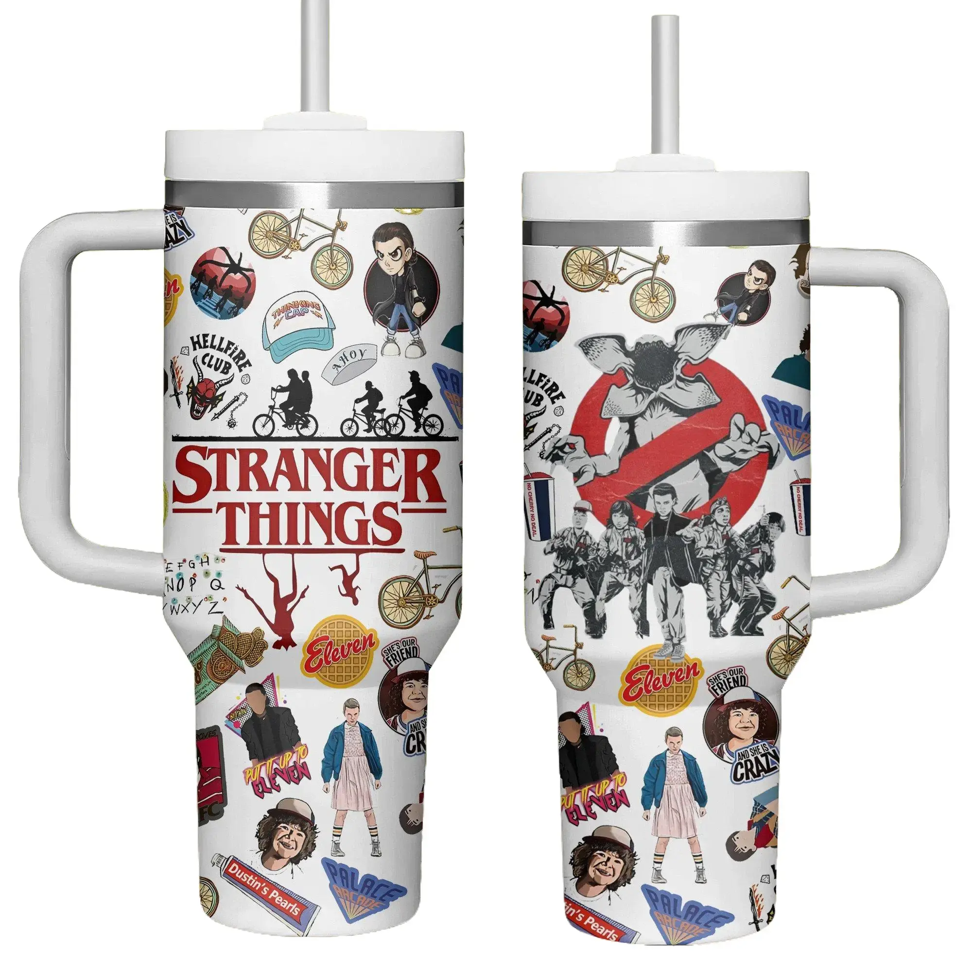 Stranger Things Inspired 40oz Tumbler with Handle, Retro 80s Sci-Fi Aesthetic Cup, Upside Down Theme Travel Mug, Hawkins Fan Gift, Vintage Series Stainless Steel Tumbler, Reusable Hot Cold Drinkware
