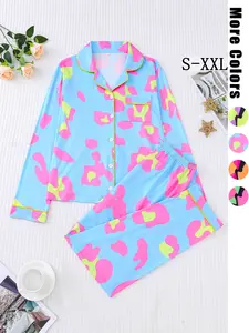 Women's Leopard Print Pajama Set, Casual Fitted Long Sleeve Top & Elastic Pants, Soft Comfortable Sleepwear for Fall Winter Loungewear Homewear