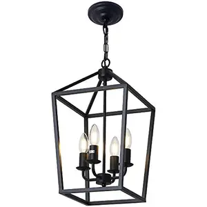 4-Light Black Farmhouse Chandelier Iron Lantern Pendant Light Rustic Cage Hanging Light Fixtures Industrial Foyer Lights for Kit