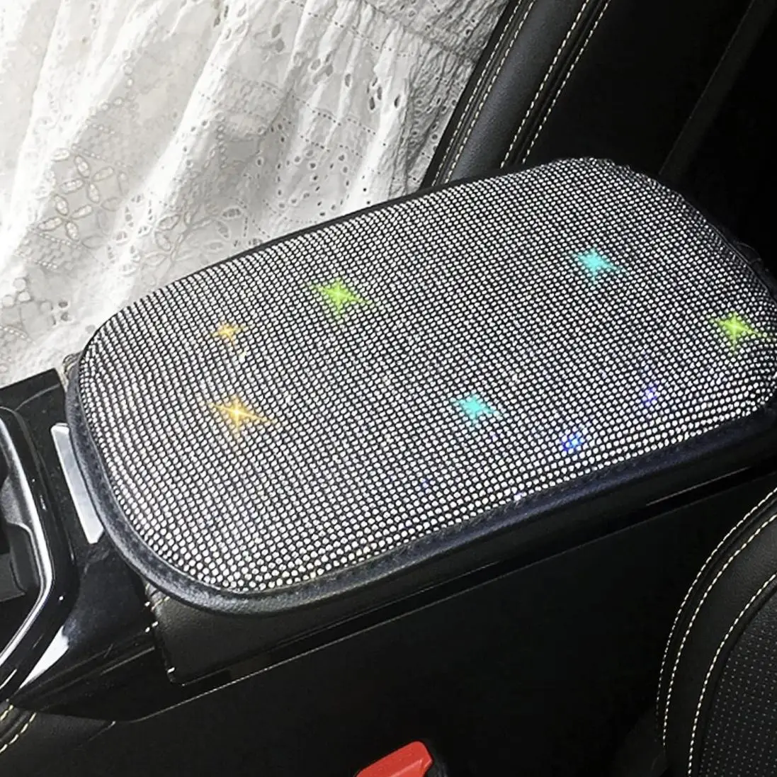 Rhinestone Car Armrest Cover for Summer Gift, Dirty-resistant Anti-slip Car Armrest Box Mat, Car Accessories for Girls, Shiny Car Interior Decoration