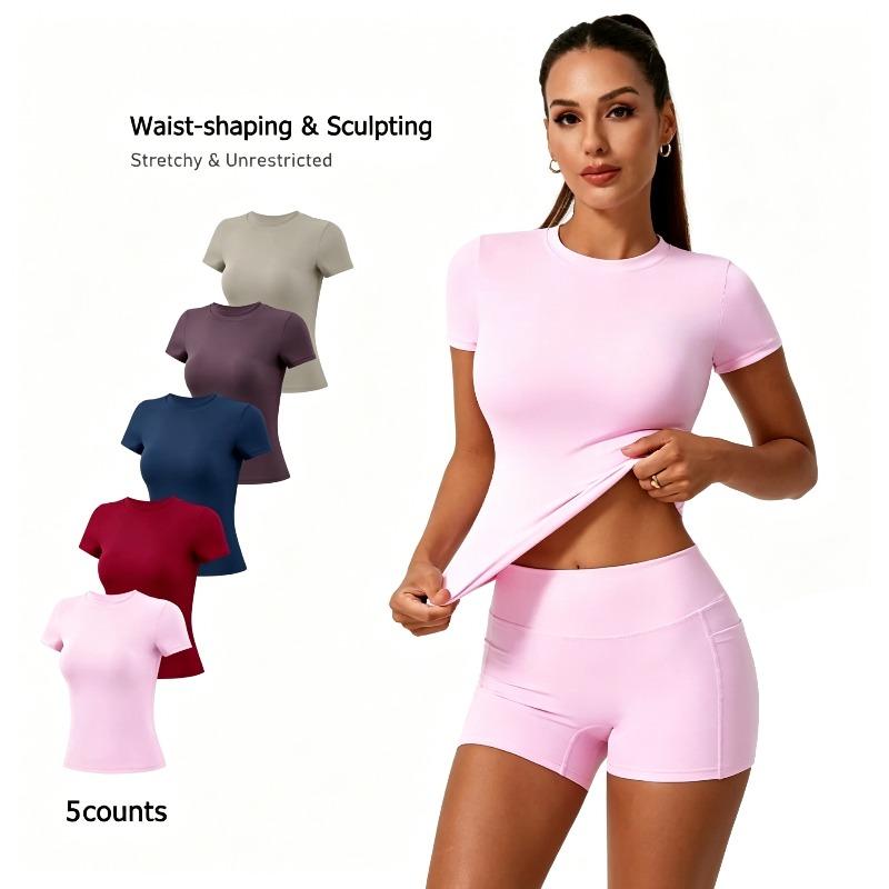 Snatched Slim Fit Workout Set for Women Round Neck Stretchy Yoga Gym Outfit Tummy Control Waist Shaping Body Contouring Athletic Wear