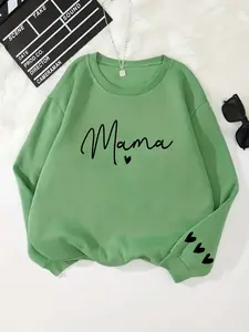 【Plus Size】 Letter & Heart Print Crew Neck Sweatshirt, Casual Long Sleeve Pullover for Fall & Winter, Women's Plus Clothing for Daily Wear