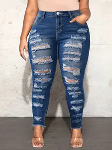 Plus Size Women's Fashion Ripped Denim Jeans, Tight Fit Sexy Slim Fit Pants, Elastic Stretchy Fabric for Parties, All Seasons Wear