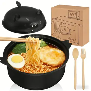 Microwavable 45oz Cute Pig Ramen Noodle Cooker Wheat Straw Bowl Set with Strainer Lid Handle Spoon Chopsticks Fork for Home Dorm College Office