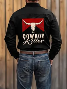 Western Style Men's Long Sleeve Casual Graphic Shirt with Cow and Bull Print, Button-Up Casual Jacket for All Seasons, Fitted Design for Bikers and Cowboys