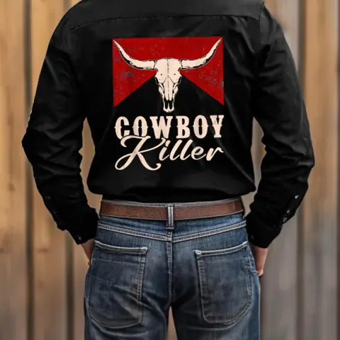 Western Style Men's Long Sleeve Casual Printed Graphic Shirt, Country Western Shirt with Cow and Bull Print, Button-Up Casual Jacket for All Seasons, Fitted Design for Bikers and Cowboys, Casual Comfy Shirt