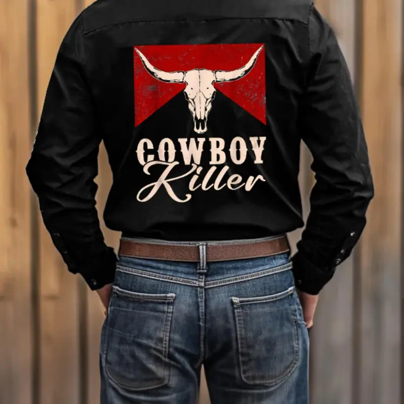 Western Style Men's Long Sleeve Casual Printed Graphic Shirt, Country Western Shirt with Cow and Bull Print, Button-Up Casual Jacket for All Seasons, Fitted Design for Bikers and Cowboys, Casual Comfy Shirt