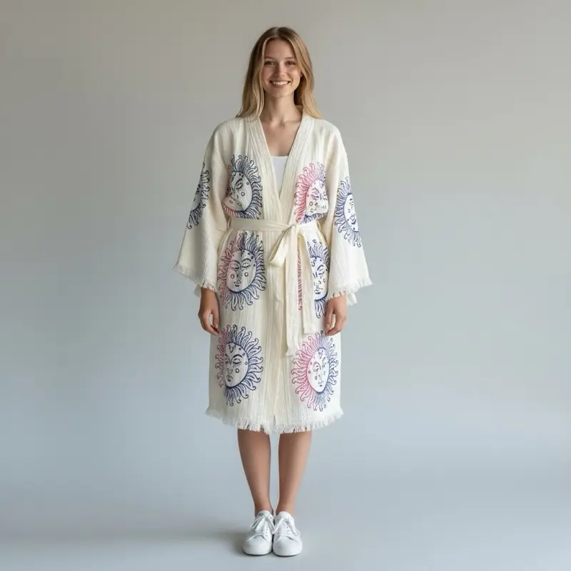 The Pinus Women's 100% Cotton Moon Kimono Robe - Style, Long Sleeve, Baggy, Loose Fit, Hand Painted, XS-M (0-8) - Beach Coverup, Peshtamel Loungewear Nightwear Bathrobe