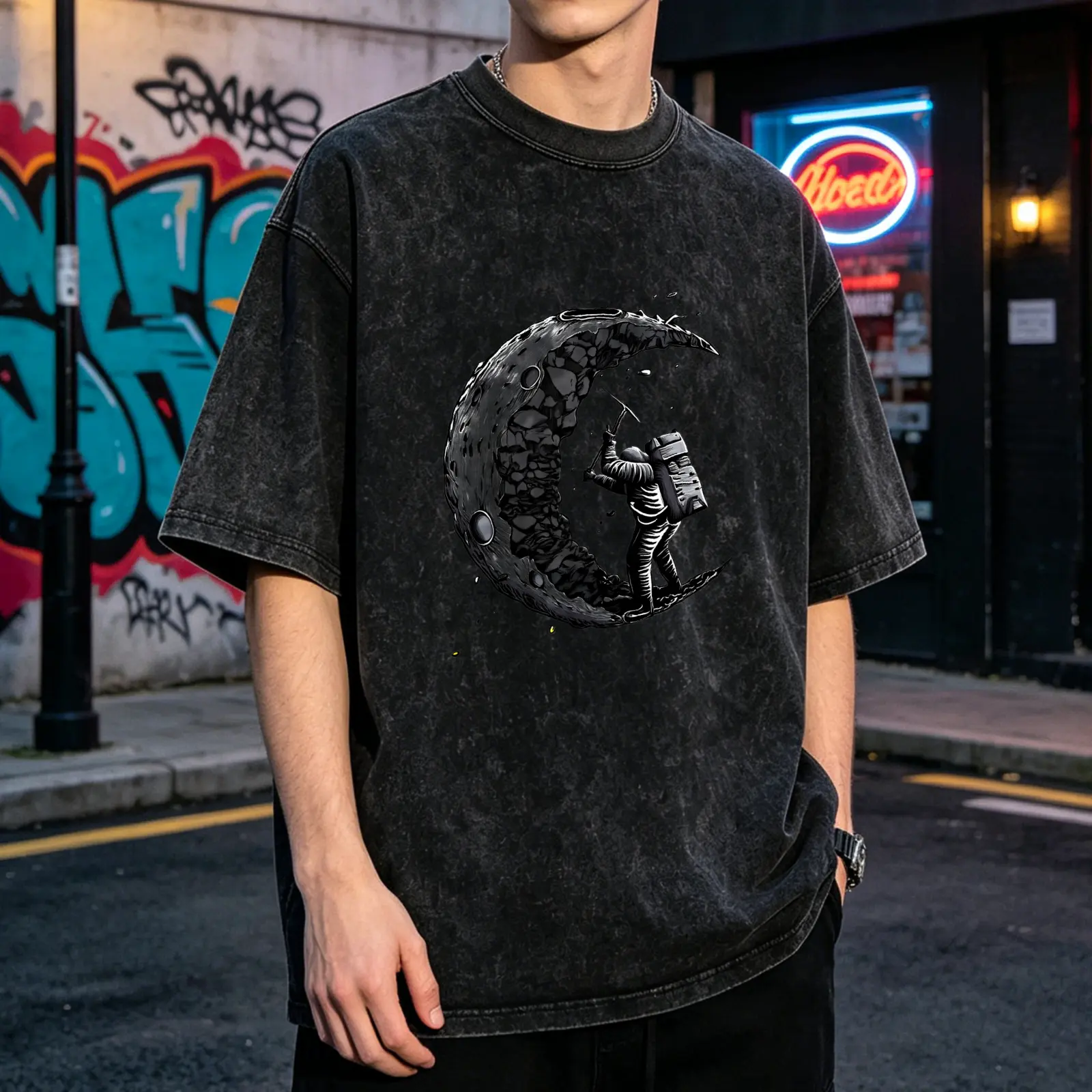 Men's Oversized Vintage Washed Astronaut Graphic T-Shirt - Soft Breathable Fabric Round Neck Casual Tee, Hand Wash Menswear Top