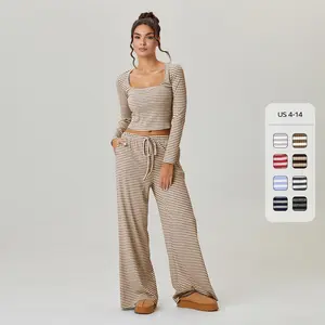 Women's Basic Square Neck Stripe Long Sleeve Crop Top & Low-Rise Wide Leg Trousers Co-ord, Minimalist Two Piece Outfits, Comfortable Womenswear