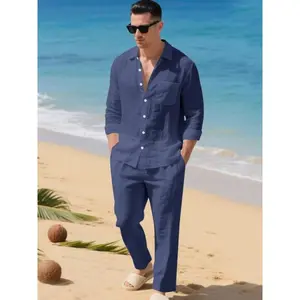 Men’s high-quality linen long-sleeve top and pants set, perfect for a beach vacation; fashionable, multifunctional, solid color, and comfortable to wear. Available in sizes S–3XL. GARMENTARY