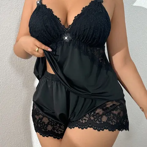 Plus Size Women's Lace Soft Floral Lingerie Pajama Set, Sexy Sleeveless Fitted Sleepwear, All Seasons Comfortable Home Clothing