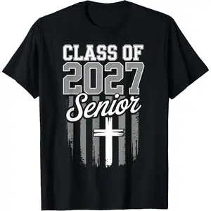 2027 Senior Graduation Christian American Flag Print Short-Sleeve Classic Breathable Casual Sports Top