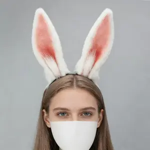 Cosplay Props Anime Exhibition Performance Simulation Beast Ear Rabbit Headwear Cute Plush Hair Hoop Accessories with Pink Inner Ears