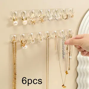6Pcs Small Transparent Jewelry Display Rack, 8-hook Connected Row with Self-adhesive, Total 16 Hooks, Door Wardrobe Storage Hooks for Home, Closet Space Saving, Easy Access for Earrings Rings Necklaces, Space Saver Organizer
