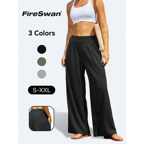 FireSwan Women's High Elastic Waist Loose Legged Palazzo Pants - 97% Polyester 3% Spandex Comfy Flowy Pleated Dress Trousers with Pockets, Full Length, Machine Washable for Casual Work, Spring Fashion