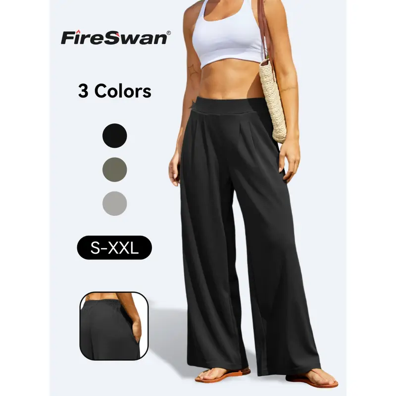FireSwan Women's High Elastic Waist Loose Legged Palazzo Pants - 97% Polyester 3% Spandex Comfy Flowy Pleated Dress Trousers with Pockets, Full Length, Machine Washable for Casual Work, Spring Fashion