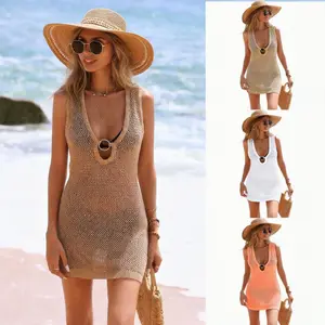 Women’s Crochet Beach Cover Up – Deep V, Hollow Knit, Bikini Cover Up Dress