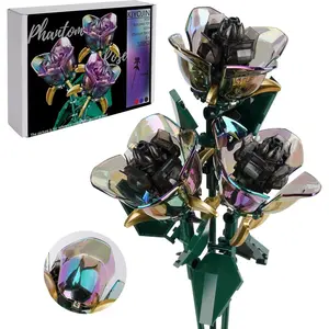 Rose Flower Bouquet Building Set,Botanical Collection Rainbow Artificial  Compatible with   for Adult Home Decor(Black 120 count)