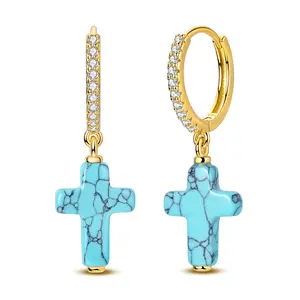 MULA 14K Gold Plated Turquoise Cross Earrings for Women – 925 Silver-plated Pave CZ Huggie Hoops with Blue Stone Dangle Drop, Boho Western Christian Faith Jewelry Gifts
