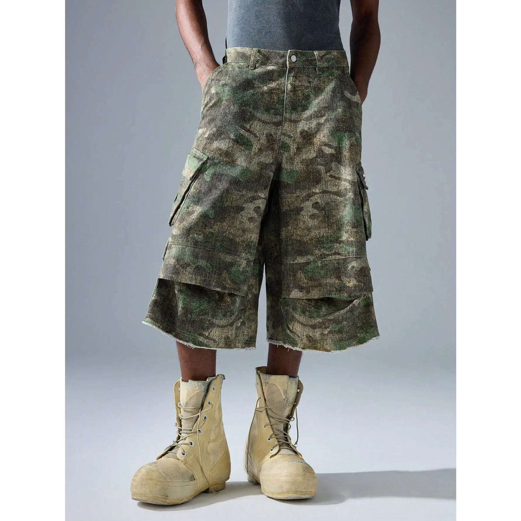 Fashion Denim Wide Leg Camouflage Embroidered Pocket 3/4 Pants Streetwear Outfits