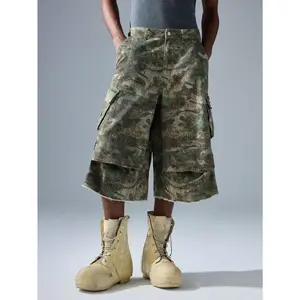 Fashion Denim Wide Leg Camouflage Embroidered Pocket 3/4 Pants Streetwear Outfits