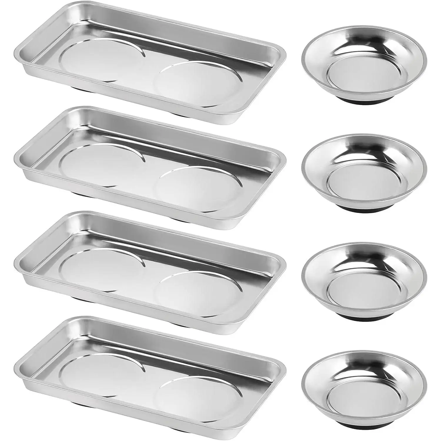 8 count  Parts Tray Set, Stainless Steel  Tool Tray Holder, 4.2 Inches Round Bolt Trays and 9.5 x 5.5 Inches Square Mechanic Trays for Screws, , Nuts