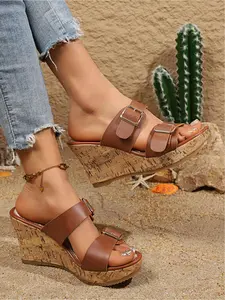 Dual Buckle Woven Wedge Slides | Espadrille Platform Sandals, Retro Summer Essentials, Comfy Chunky Heel, Versatile (Orange/Brown)