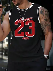 1 Pack Men's Retro Basketball Crew Neck Tank Top, Chicago 23 USA Graphic Sleeveless Vest for Men Summer Basketball Training Urban Street Wear Basketball Jersey