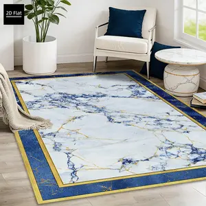 1pc Rectangular Marble Pattern Gold Border Rug, Living Room/bedroom/foyer Mat, 850g/m², Anti-Slip Backing, Velvet, Modern Minimalist Style