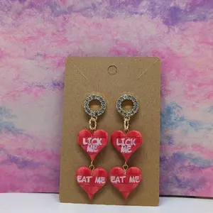 Checkered conversation heart lick me eat me naughty valentine stud earrings