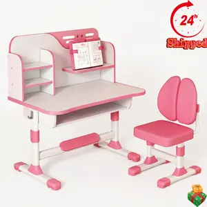 Student Learning Desk and Chair Set Pink Desk Set Height Adjustable with Drawers and Storage Compartments Desktop Cartoon Learning Desks and Chairs