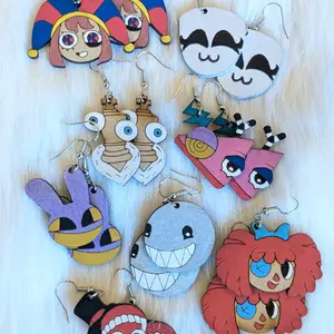 Digital Circus Wooden Character Earrings - Assorted Designs with Unique Character Faces and Decorative Elements