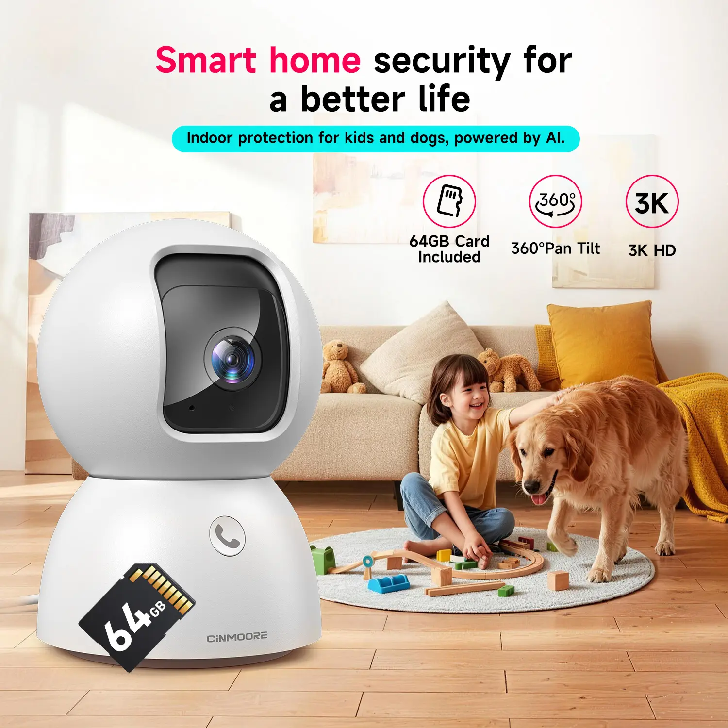 CINMOORE 4MP 2.5K Wireless Security Camera with 32GB SD Card, 2.4GHz & 5GHz WiFi, 360° Pan-Tilt, AI Motion Detection, 2-Way Audio, Night Vision, Baby Cry Detection, Manufacturer Warranty, Home Surveillance Camera Security