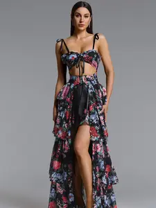 BellaBarnett Pale Chic Flowy Halter Cut Out Floral Print Ruffle Maxi Dress