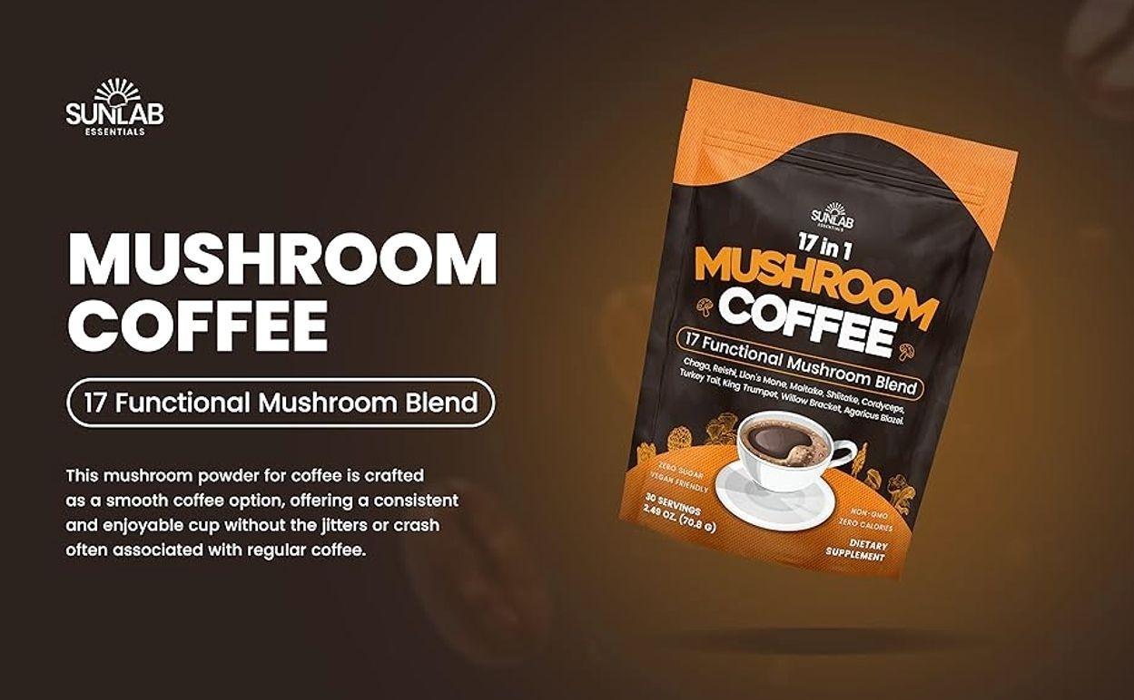 Organic Mushroom Coffee 17 Functional Mushroom Blend (Lion's Mane, Reishi, Chaga, Cordyceps, Turkey Tail & More) Gourmet Arabica Instant Coffee for Immunity, Focus & Energy - USA Made - 30 Servings