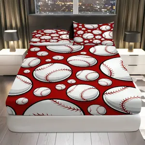 3Pcs Baseball Sport Red Fitted Sheet Three Piece Set (1*Fitted Sheet+2*Pillowcases, Coreless), Sports theme, Cozy Bedroom Bedding Set, Mattress Protector Soft, Breathable.