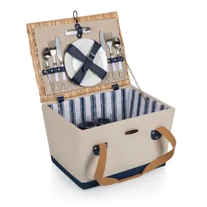Boardwalk Picnic Basket for 2, (Beige Canvas with Navy Blue Accents)