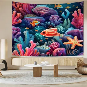 [Digitally Printed Tapestry] Vibrant Coral Reef Wall Tapestry, Underwater Ocean Life Wall Hanging, Artistic Digital Print Tapestry, Modern Home Decor for Living Room or Bedroom, Soft & Durable Fabric, Coastal Aesthetic Wall Art