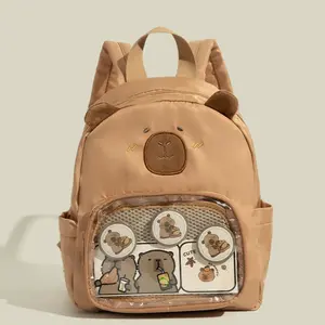 Beige Capybara Cartoon Backpack Cute Animal Embroidered Bag with Transparent Pocket Decorative Backpack for Students & Daily Casual Use