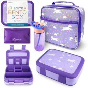 Bento Box with Insulated Lunch Bag, Ice Pack & Water Bottle Set for Kids - 5 Compartments Snack Container for Girls Toddlers Daycare Pre-School Kindergarten Purple Unicorn