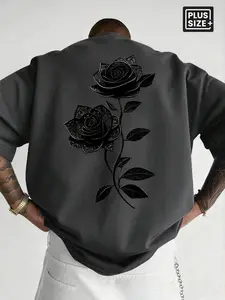 Men's Plus Size Street Style Summer Dark Gothic Style Loose-Fit Short-Sleeve T-Shirt with Black Rose Print, Menswear, Ideal for Streetwear, Gothic Fashion Trends, Dark Aesthetics & Art Enthusiasts, Casual Streetwear Top
