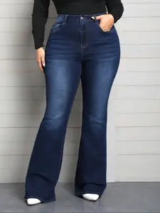 Plus Size Pocket Flare Leg Jeans, Casual Button Fly Bell Bottom Cotton Denim Pants, Women's Bottoms for Daily Wear