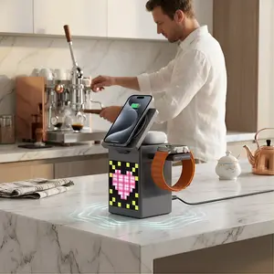 Wireless Charging Station 6 in 1 with Magnetic Induction & Bluetooth Speaker Stand , Digital Alarm Clock, Pixel Display for iPhone 17 16 15 14 13 12 Pro Max Plus, Apple Watch & AirPods Series - March Madness, Spring Break, World Cup, Easter