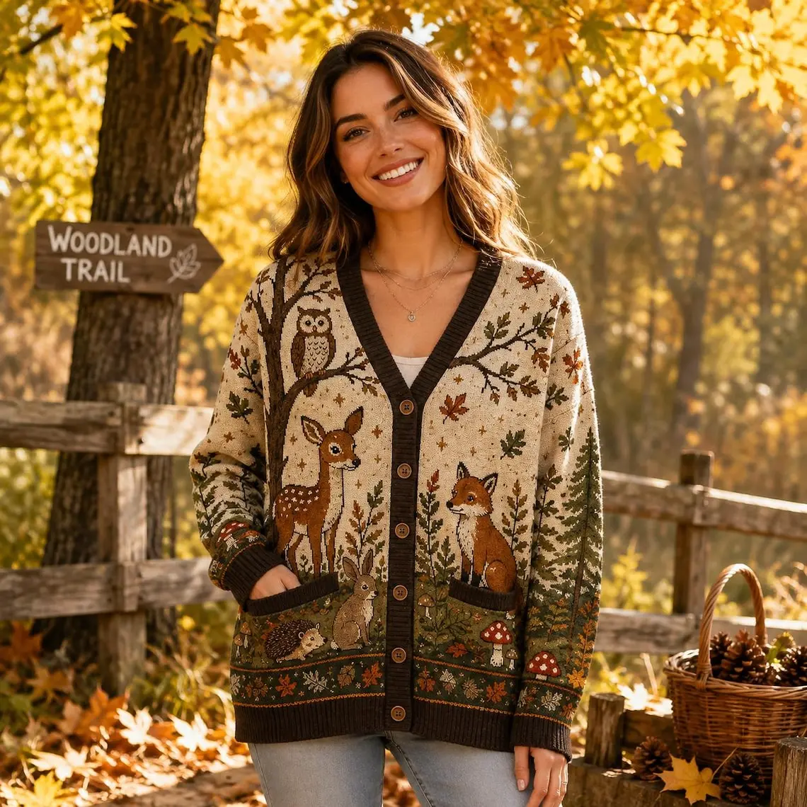 Woodland Animals Cardigan, Forest Wildlife Sweater, Owl Deer Fox Bear Knit, Cozy Fall Nature Cardigan for Women