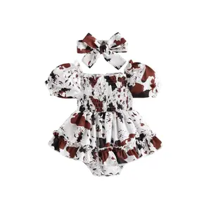 Baby girl romper set, 0-24 months, short-sleeved off-shoulder spotted print dress, with headband, suitable toddlers Bodysuit